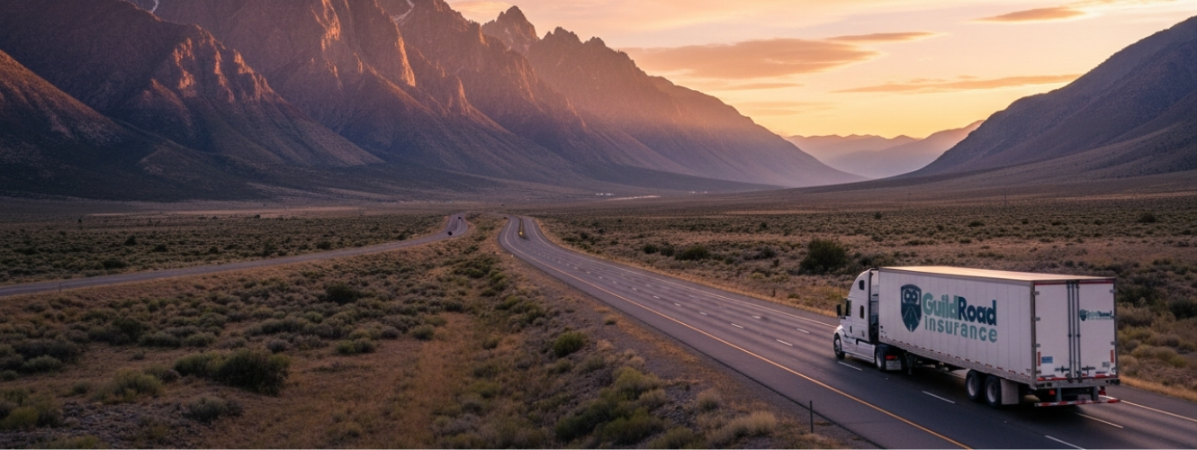 Semi truck on U.S. highway at sunset